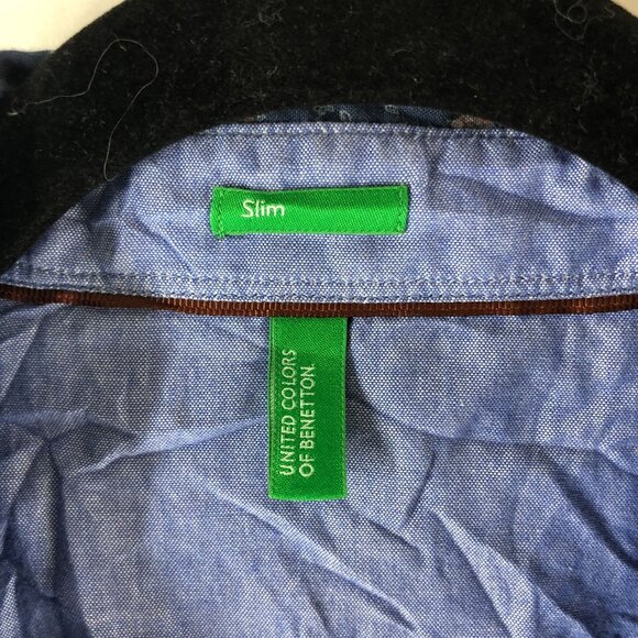 United Colors of Benneton Mens Button Down Shirt Floral Print Slim Cotton Blue M - Picture 4 of 6